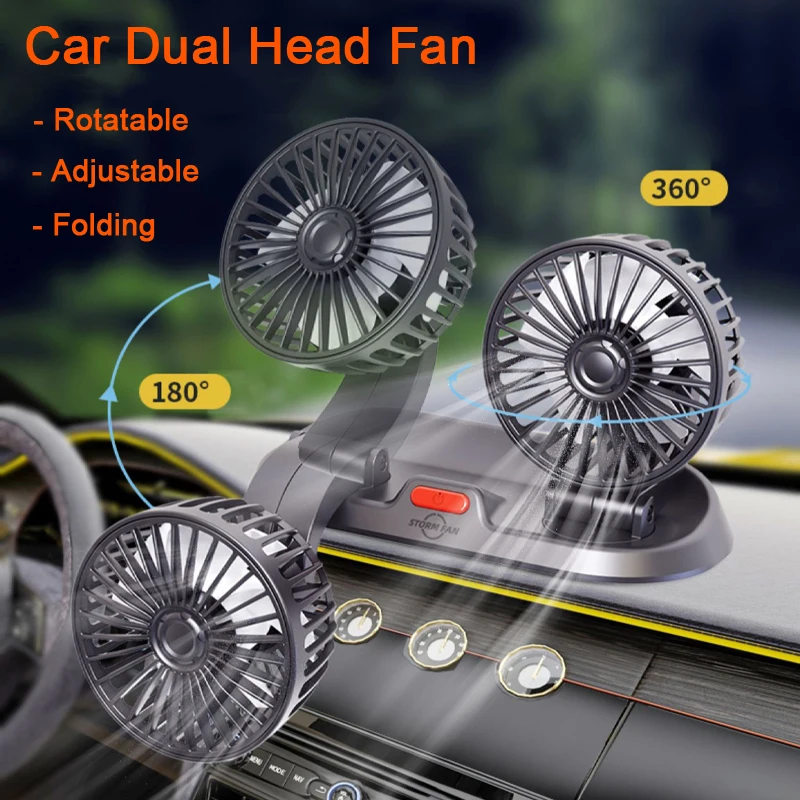 

Car Fan Dual Head 360 Rotatable Folding USB Charging Auto Dashboard Powerful Fan Summer Adjustable Vehicle Interior Cooling Fan