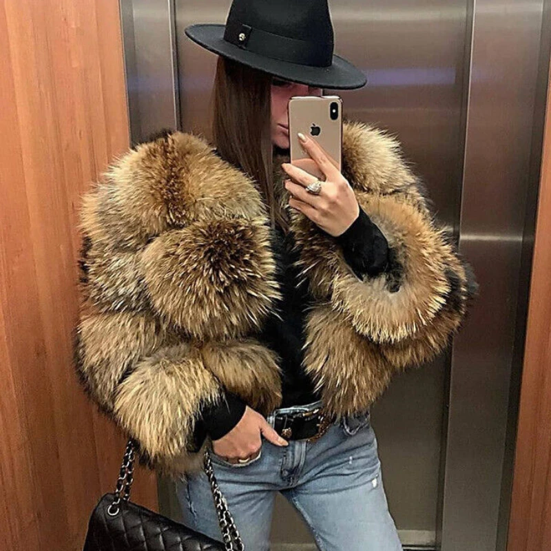 New Real Raccoon Fur Short Coat Fashion Winter Women Natural Raccoon Fur Jackets Warm Genuine Fur Thick Outwear