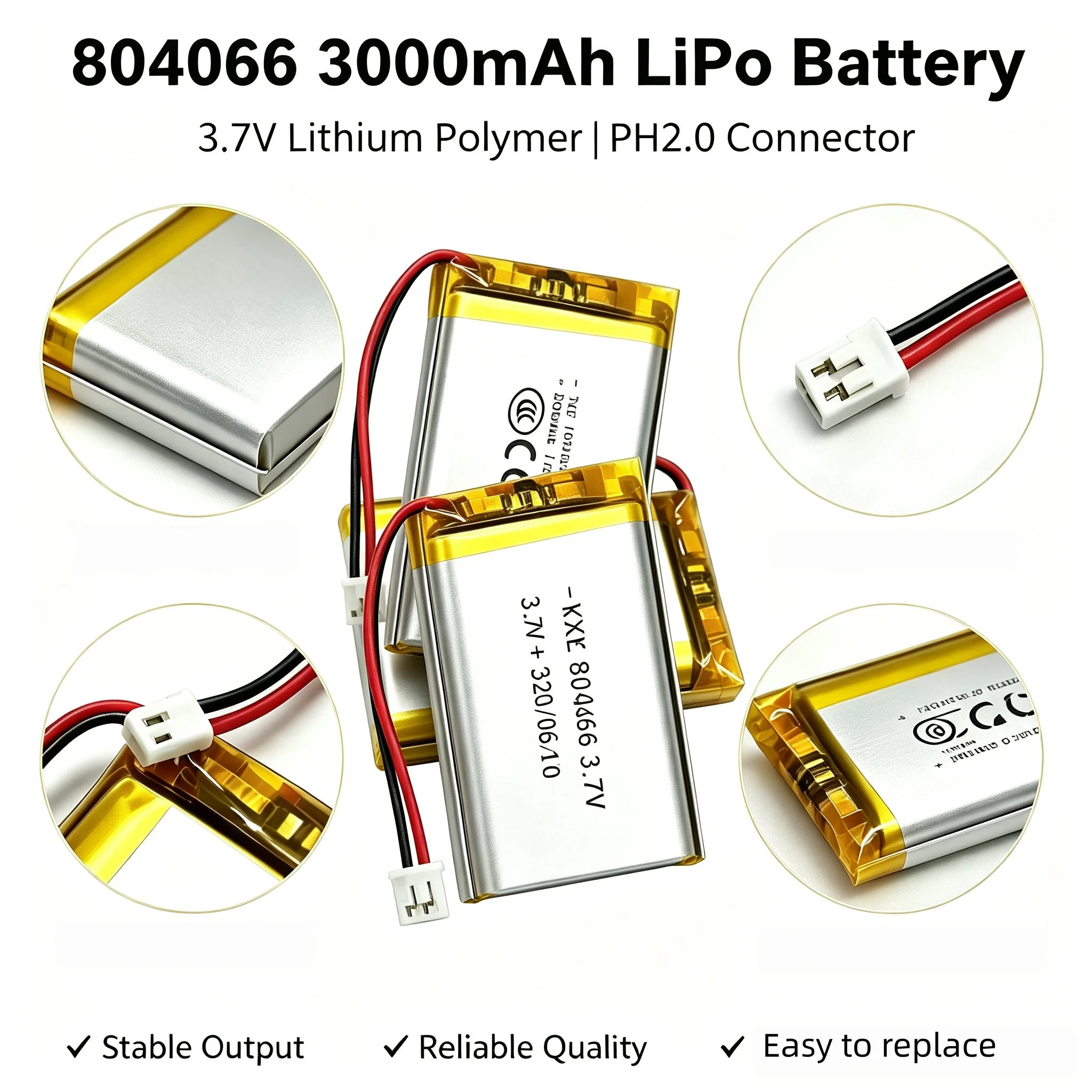 3000mAh 804066 Li-Polymer Battery 3.7V Rechargeable PH2.0 Plug For R36S Game Machine High Capacity Power Supply