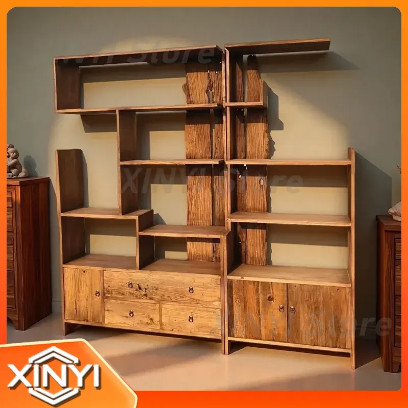 Wabi Sandy Wind Old Elm Bookshelf for Retro Homestay Wall Shelf Multi-layer Storage Rack Weathered Solid Wood Display Rack