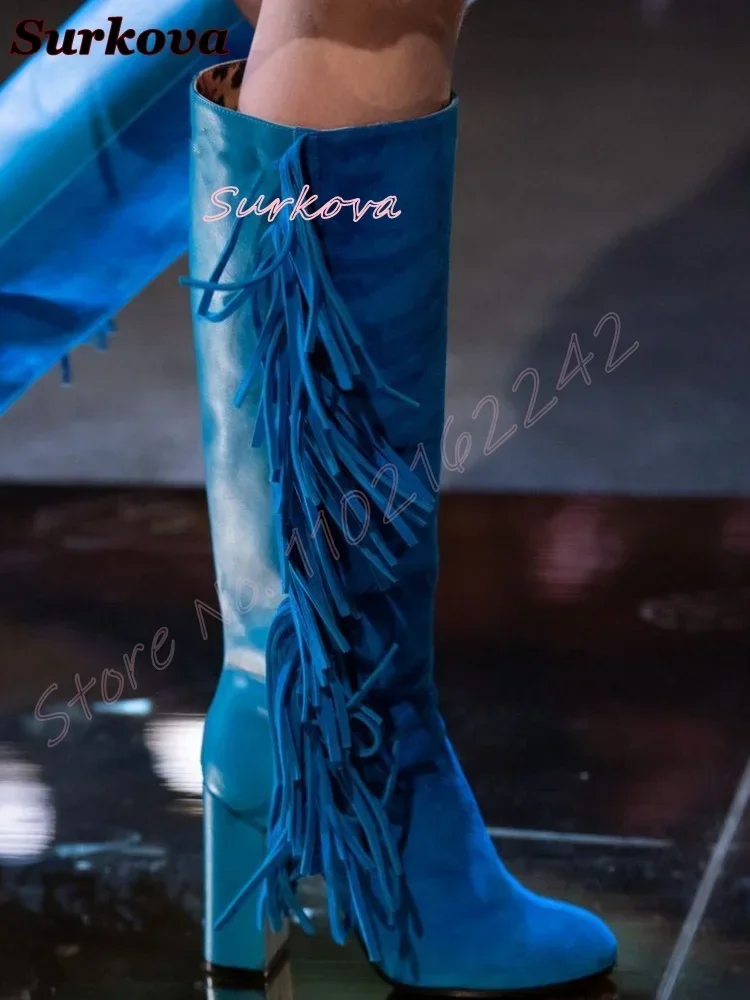 

Сапоги до колена на толстом каблуке с кисточками, однотонные замшевые сапоги с круглой головкой и боковой молнией, современные сапоги, модные женские высокие сапоги в подиумном стиле