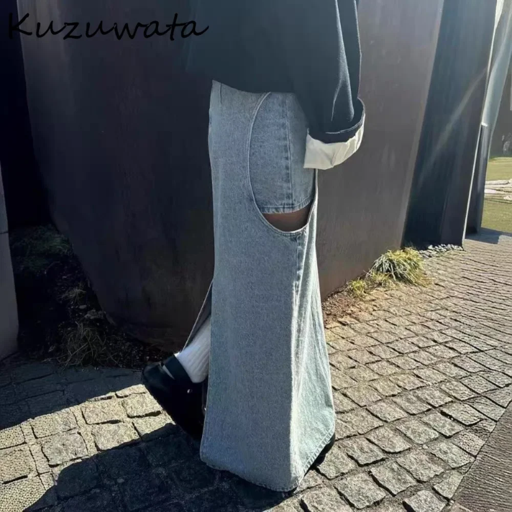 Kuzuwata Vintage High Waist A-line Casual Skirt Slim Fit Mid-length Elegant Cowboy Faldas Japan New Fake Two Pieces Mujer Faldas