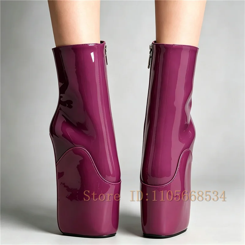 Gloss Patent Leather Heel-less Platform Ankle Boots Women Unique design Hidden Thick Sole Sexy Pole Dance Ballet Short Boots