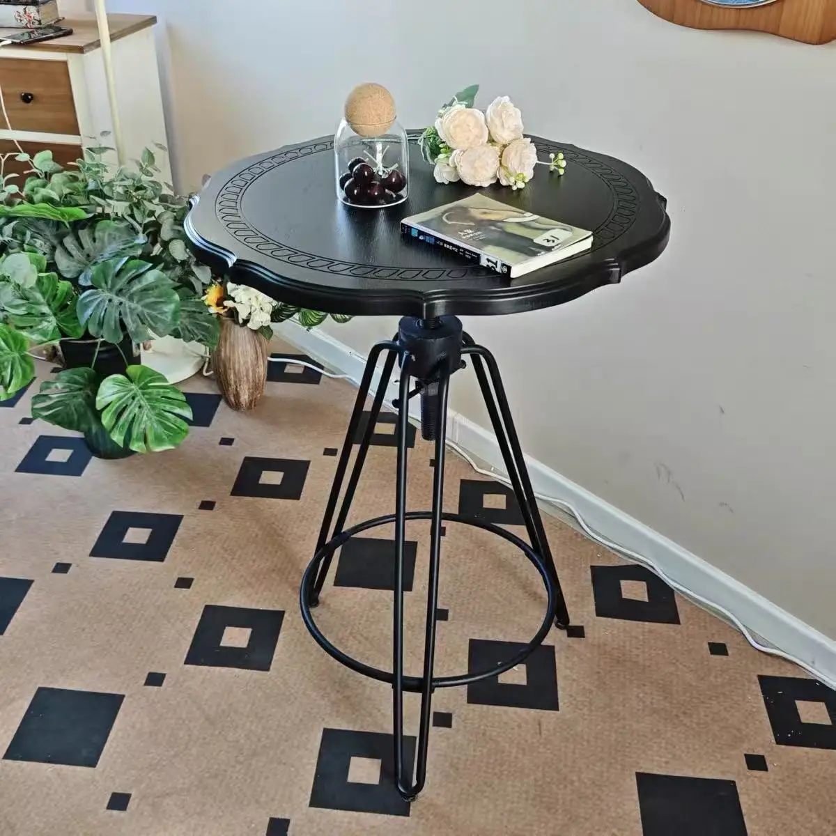 

#Vintage Adjustable Height Bistro Table, Round Carved Coffee Table for Cafe