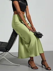 Elegant Women's Green Satin Casual Midi Skirt High Waist Silk Fish Skirts Summer Fashion White Black Brown White Burgundy 2026