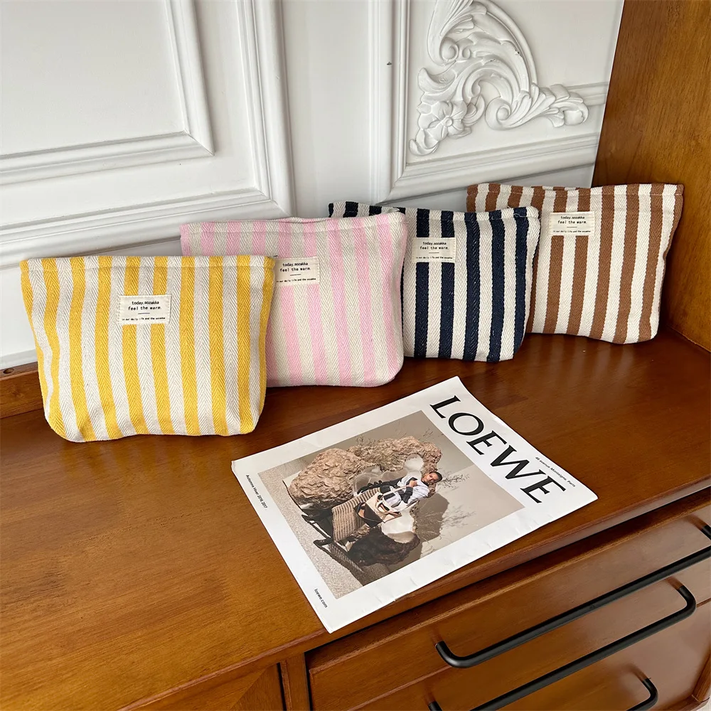 Bolsa de almacenamiento de lona con rayas verticales vintage, bolsa de maquillaje portátil para lápices labiales, pañuelos y artículos pequeños
