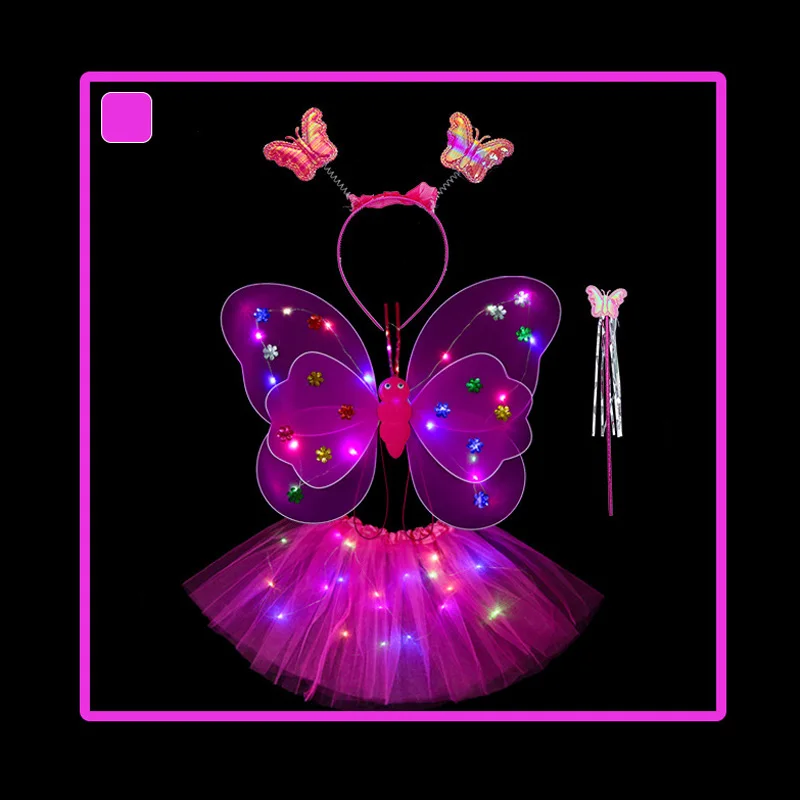 1 Set LED Light Up Fairy Butterfly Wing Children's Day Performence Dress Supplies Girl Flashing Wings With Wand Headband Costume