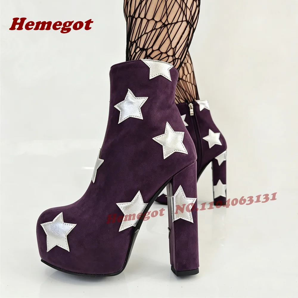 Black Platform Block Heels Ankle Boots Silver Star Side Zipper Glossy Retro Women's Boots Winter Y2K Gothic Casual Shoes 2026