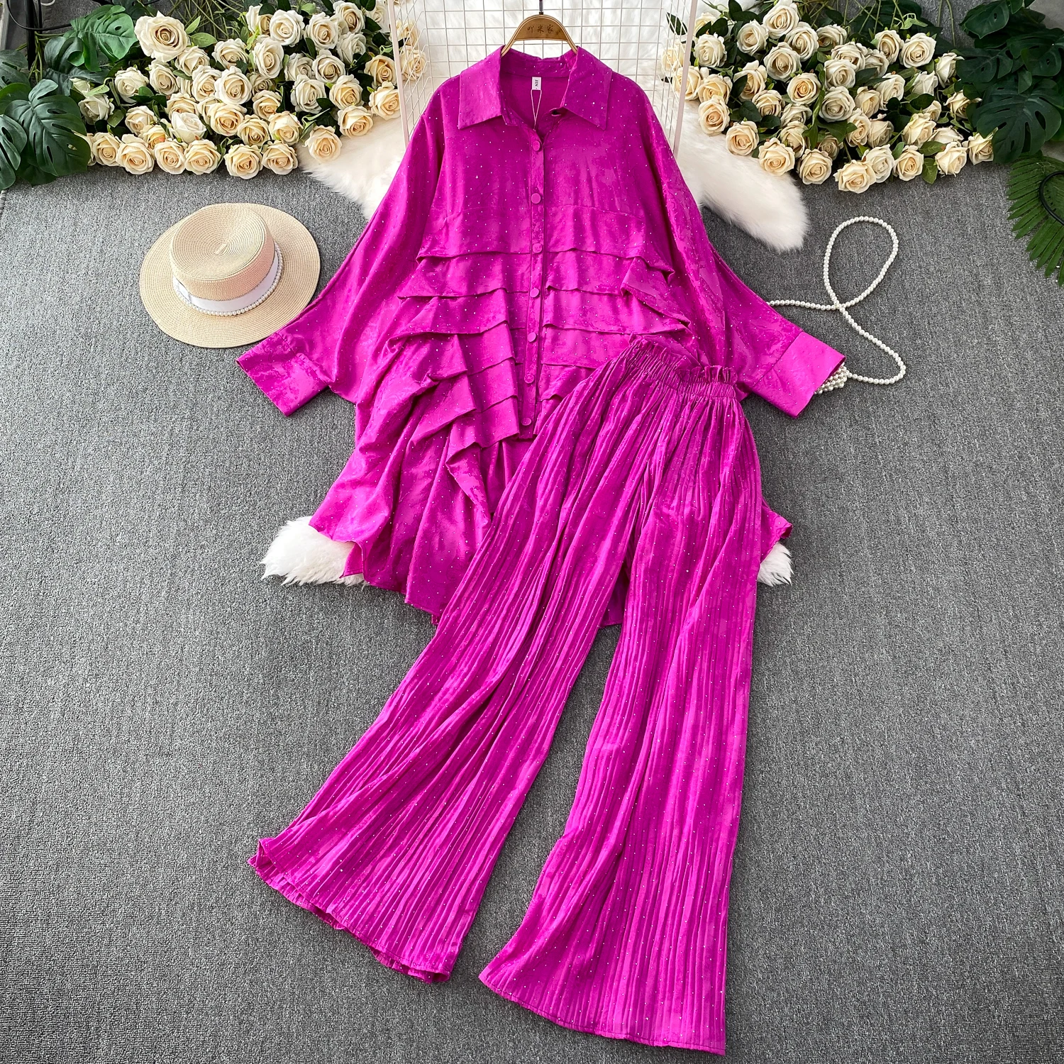 

2025 Summer Women's Retro Pink Black Print Multi layered Flaw Loose Irregular Shirt Set High Waist Wide Leg Pants Fashion Set