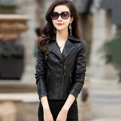 New Women Biker Leather Jacket Spring Autumn Casual Fashion Turn-down Collar Slim Sheepskin Short Coat Split Leather Moto Jacket