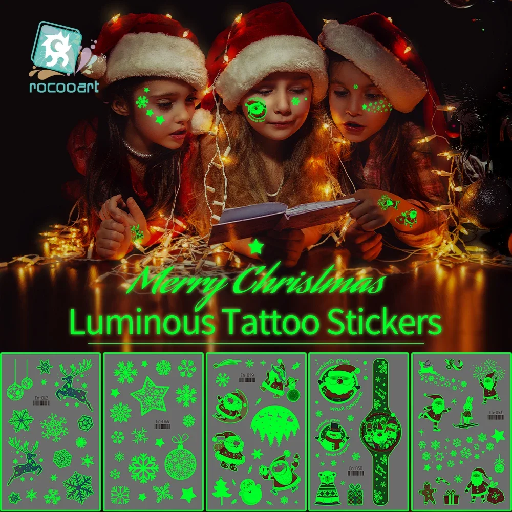 Christmas Decoration Luminous Tattoo Sticker Waterproof Snowflake Santa Elk Cartoon Watch Face Kids Toys New Year