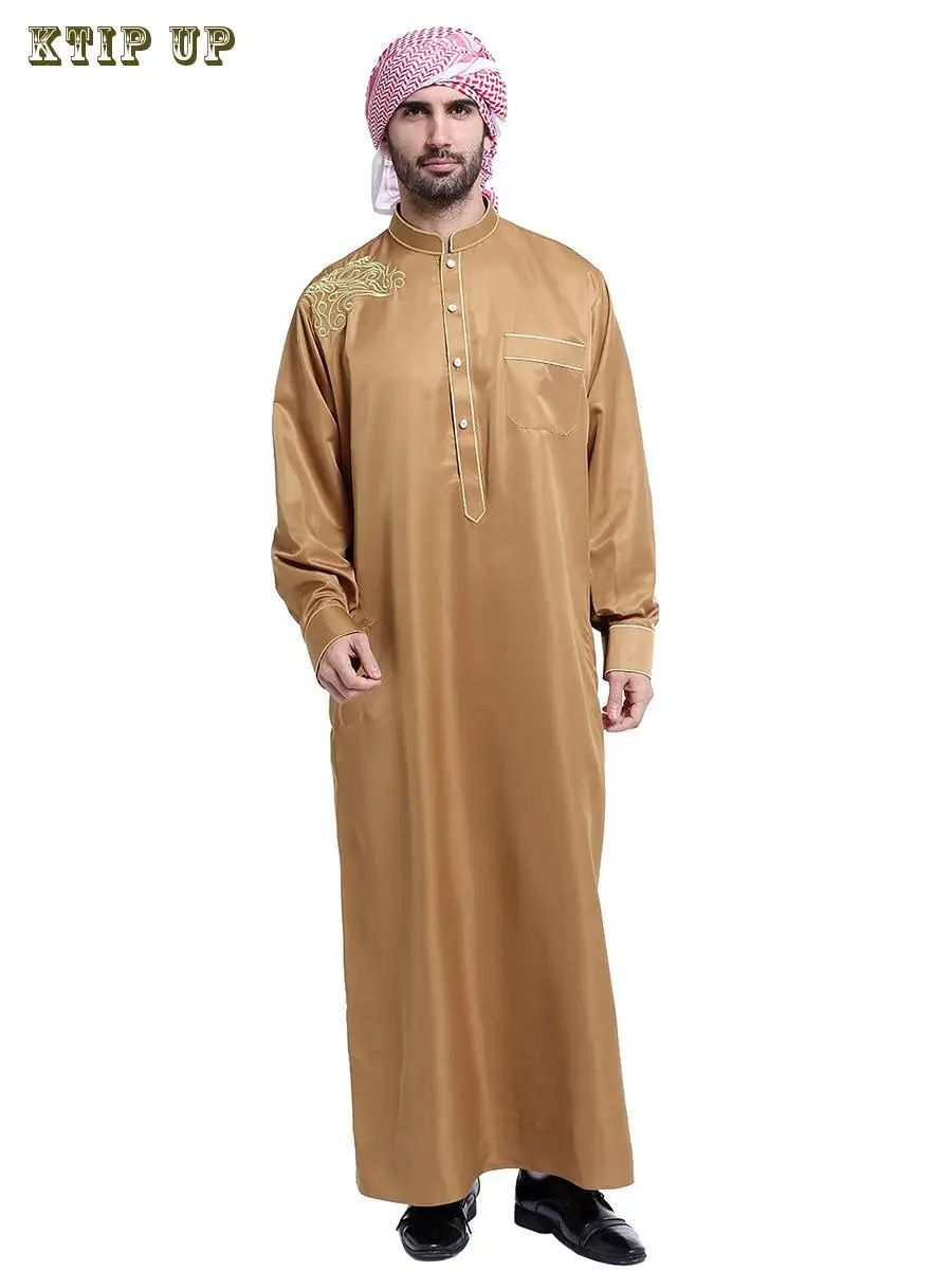 Middle East Men\'s Long Sleeves Ramada Robe, Arab, Crew Neck, Islamic, Monochromatic Kaftan, Thawb Maxi-Muslim, Dubai Abaya