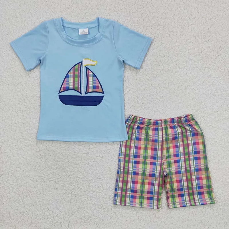 

Wholesale Baby Boy Blue Embroidery Boat Set Children Summer Short Sleeve Cotton Shirt Toddler Tee Plaid Shorts Kid Infant Outfit