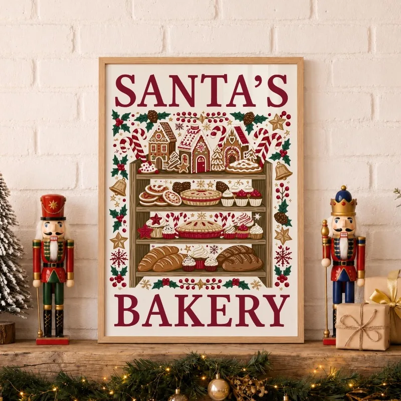 Santa's Bakery Art Canvas Wall Art Christmas Pastry Print Rustic Festive Kitchen Holiday Home Wall Print Unframed Canvas Poster