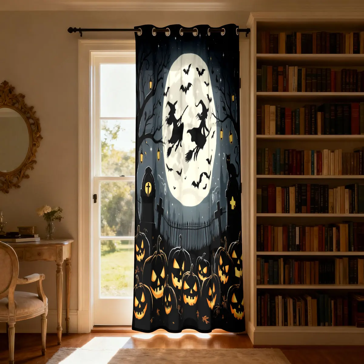 Halloween Night Graveyard Single Piece Loop Curtain Witch Pumpkin Bat Print Punch Hole Drape 1PC Bedroom Living Room Door Win