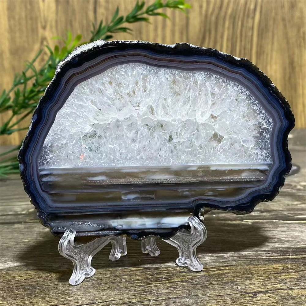 Natural Crystal Slab Agate Slice Quartz Reiki Minerals Healing Spiritual Beauty Stripe Home Decoration + Stand