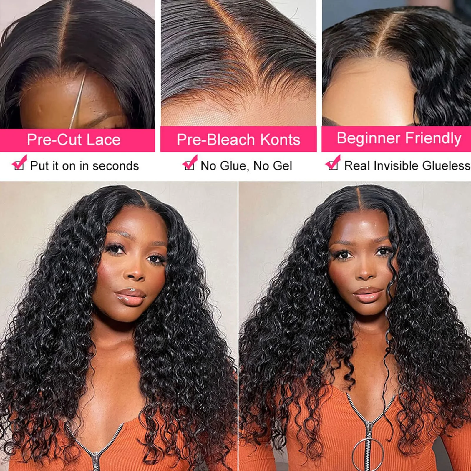 Glueless Wigs Human Hair Pre Plucked Pre Cut Wear and Go Deep Wave 4x4 Lace Closure Wigs for Women 180% Density