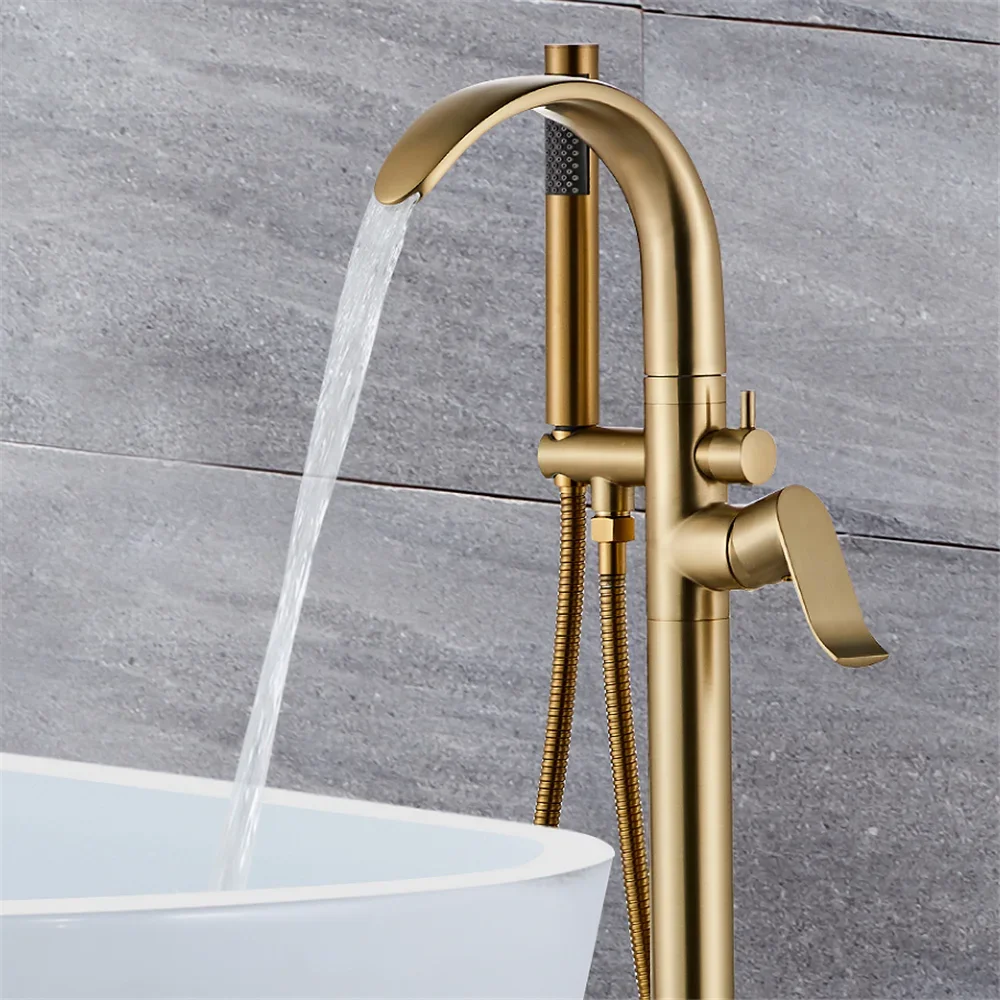 Black Bathtub Faucet Set Floor Decked Brushed Gold Brass Waterfall Bathtub Mixer Morden Style Gold Bathroom Taps