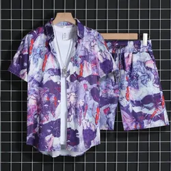 Stylish Beach Shirts and Shorts Set for Couples, Purple Tops, Big Size
