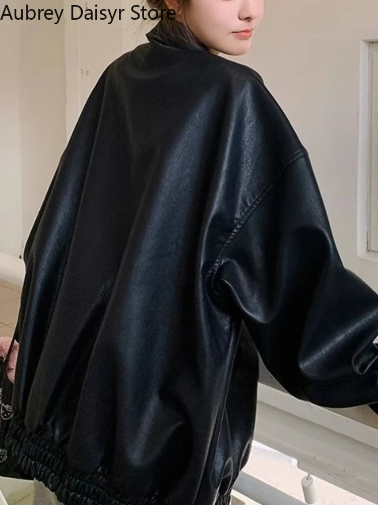 Preto vintage longo jaqueta de couro feminino punk motobiker zíper jaqueta de couro verão alta rua solta causal jaqueta de couro 2025