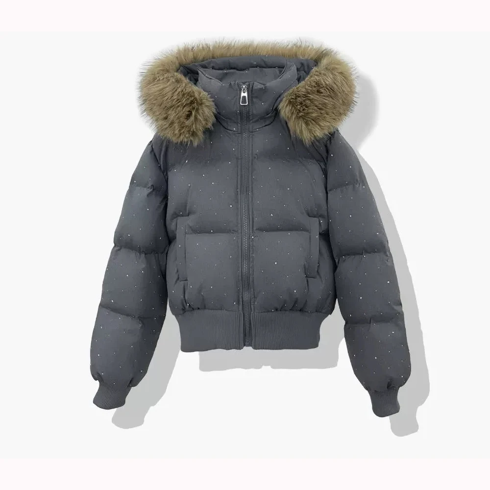 Winter Women's Shining Sequin Cotton Jacket Large Hairy Collar Hooded Jacket Thickened Warm Parka Fashion Short Top