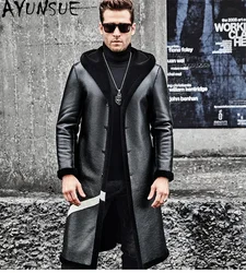 AYUNSUE Genuine Leather Jackets Long Sheepskin Men's Leather Jacket Winter Reversible Shearling Coat Warm Кожаная Куртка Мужская