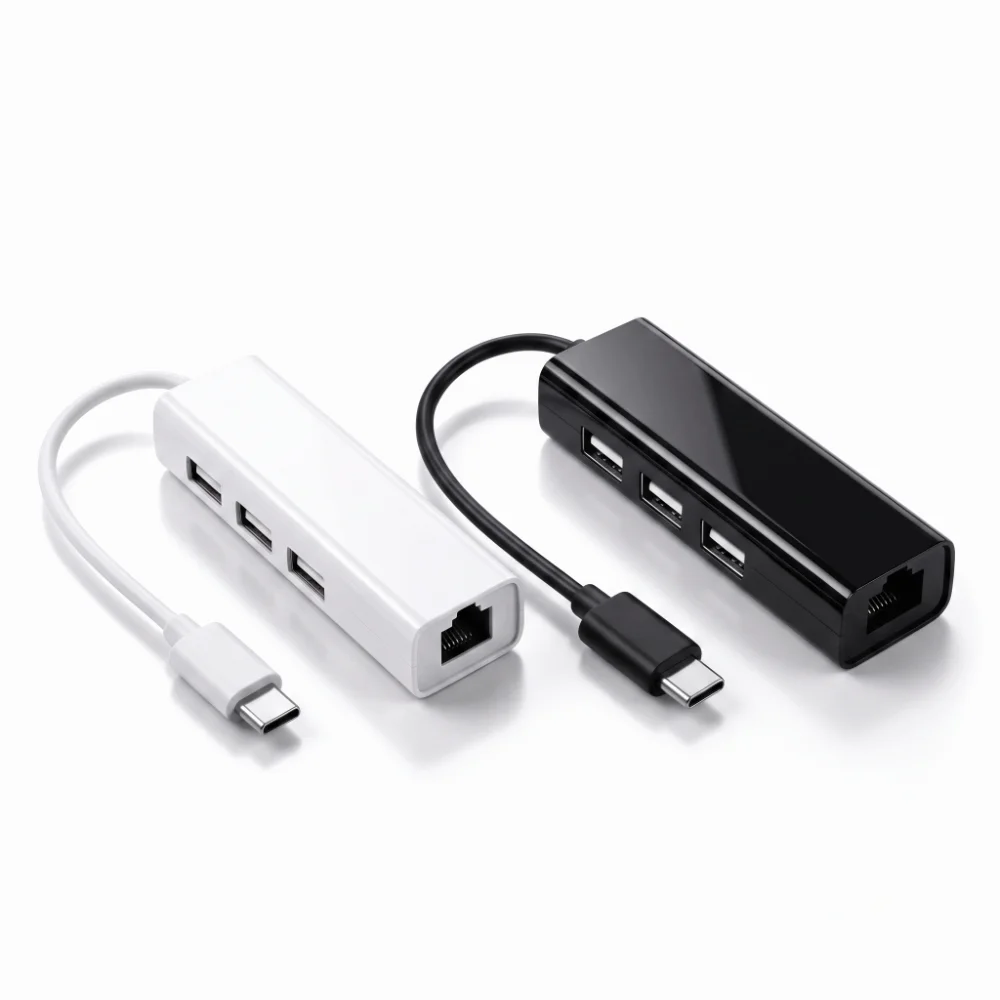 High-Speed USB Ethernet Adapter USB 2.0 Type C Ethernet Adapter Network Card 10/100 Ethernet 3 Ports USB Type C Ethernet Adapter