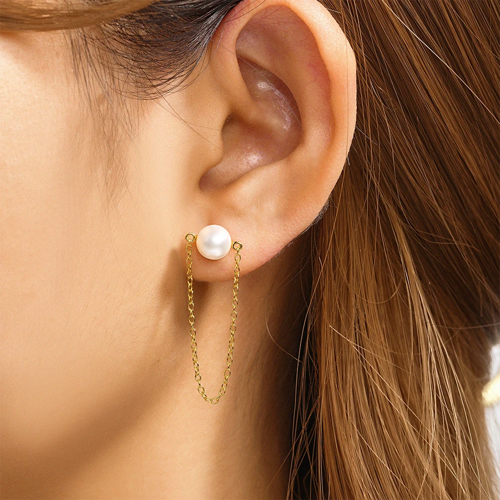Canner echte 925 Sterling Silber lange Kette Perlen Ohr stecker für Frauen Zirkon 18 Karat Gold
