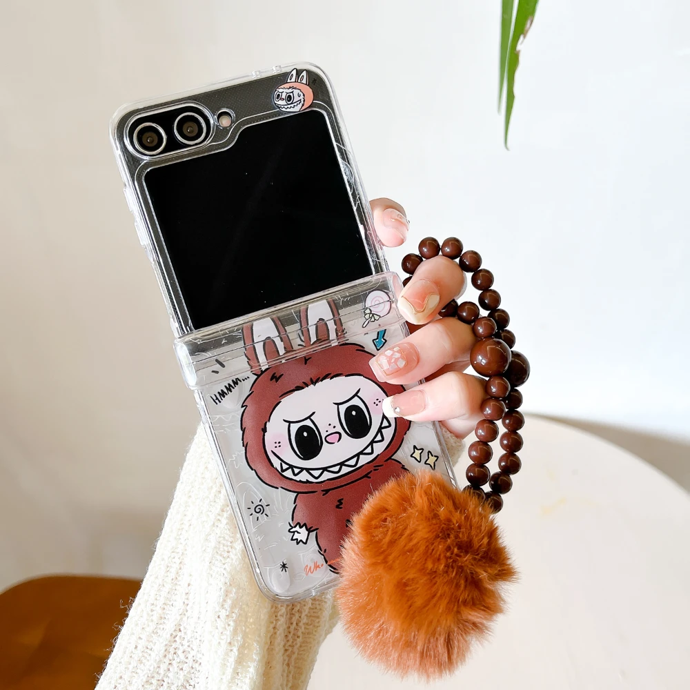 Fashion Clear Cartoon Cute Labubu Rabbit Fold With Bracelet Phone Case For Samsung Z Flip 5 4 3 6 Hard Shockproof Back Cover