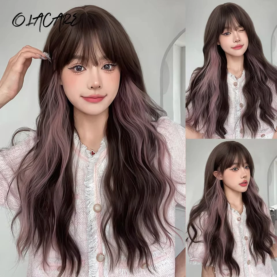 OLACARE Long Curly Wavy Synthetic Wigs Brown with Pink Cosplay Wig with Bangs for Women Natural Hair Heat Resistant Fiber