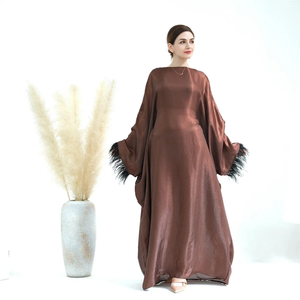 Morocco Kaftan Eid Party Dress for Women Muslim Feather Jalabiya Ramadan Modest African Dresses Dubai Turkey Abaya Islamic Robe