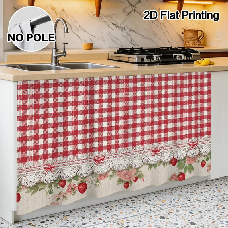 VIKAMA Strawberry Red Plaid Kitchen Cabinet Curtains Privacy Half Curtain for Bathroom Entryway Buffer