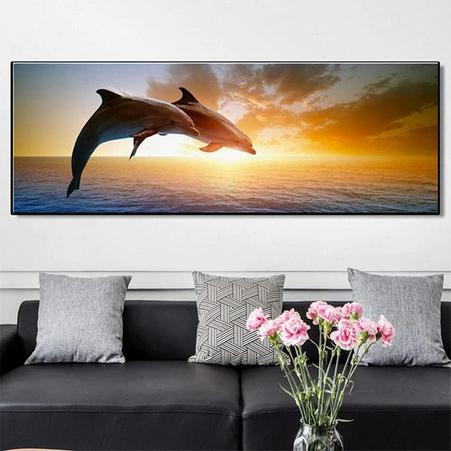 Sunset Scenic Sea Dolphin New Diamond Painting Large Size Animals Mosaic Embroidery Kits Diy Full Rhinestone Picture AA4929