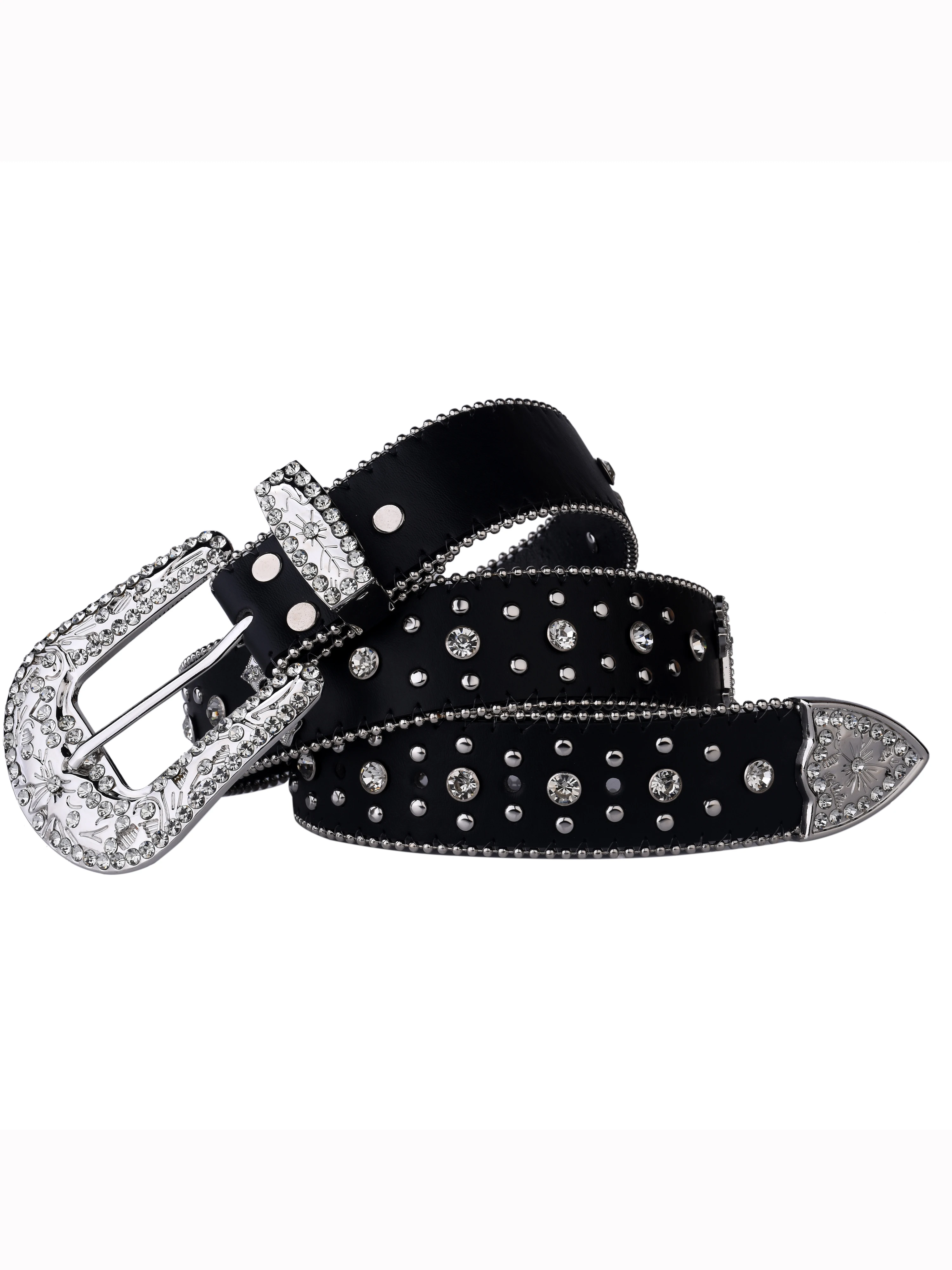 Schwarzer Kreuznietgürtel mit gravierter Schnalle, Strass-Dekor, PU-Gürtel, Hip-Hop-Jeans, Hosengürtel, Punk, Western, Cowboy, Cowgirl-Gürtel – Detail 4