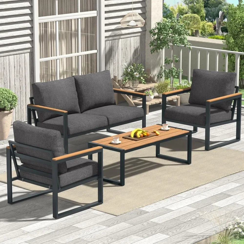 

4 Pieces Outdoor Patio Furniture with Coffee Table Set, Metal Patio Conversation Sets and High-Resiliency Sponge Cushions