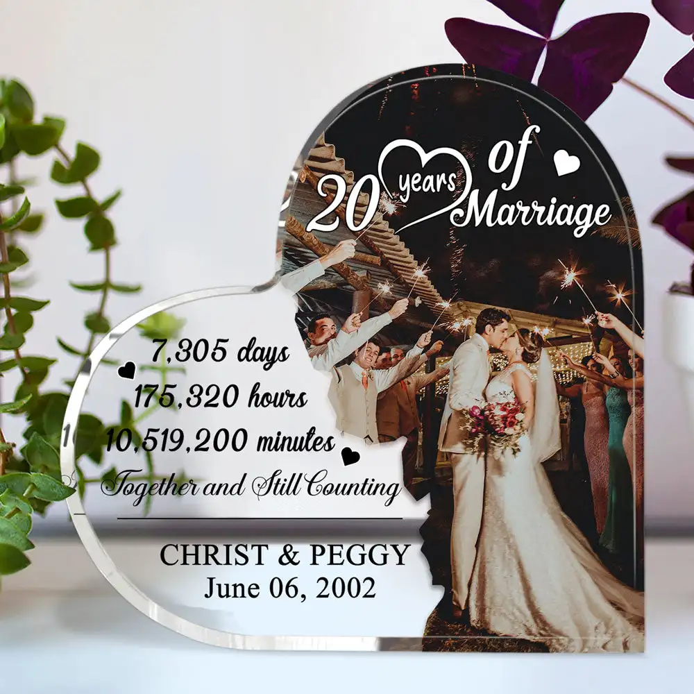 Marriage Kiss Print Acrylic Heart Plaque 20 Year Wedding Anniversary Gift for Living Room Women Men Bedroom Keepsake Desk Decor