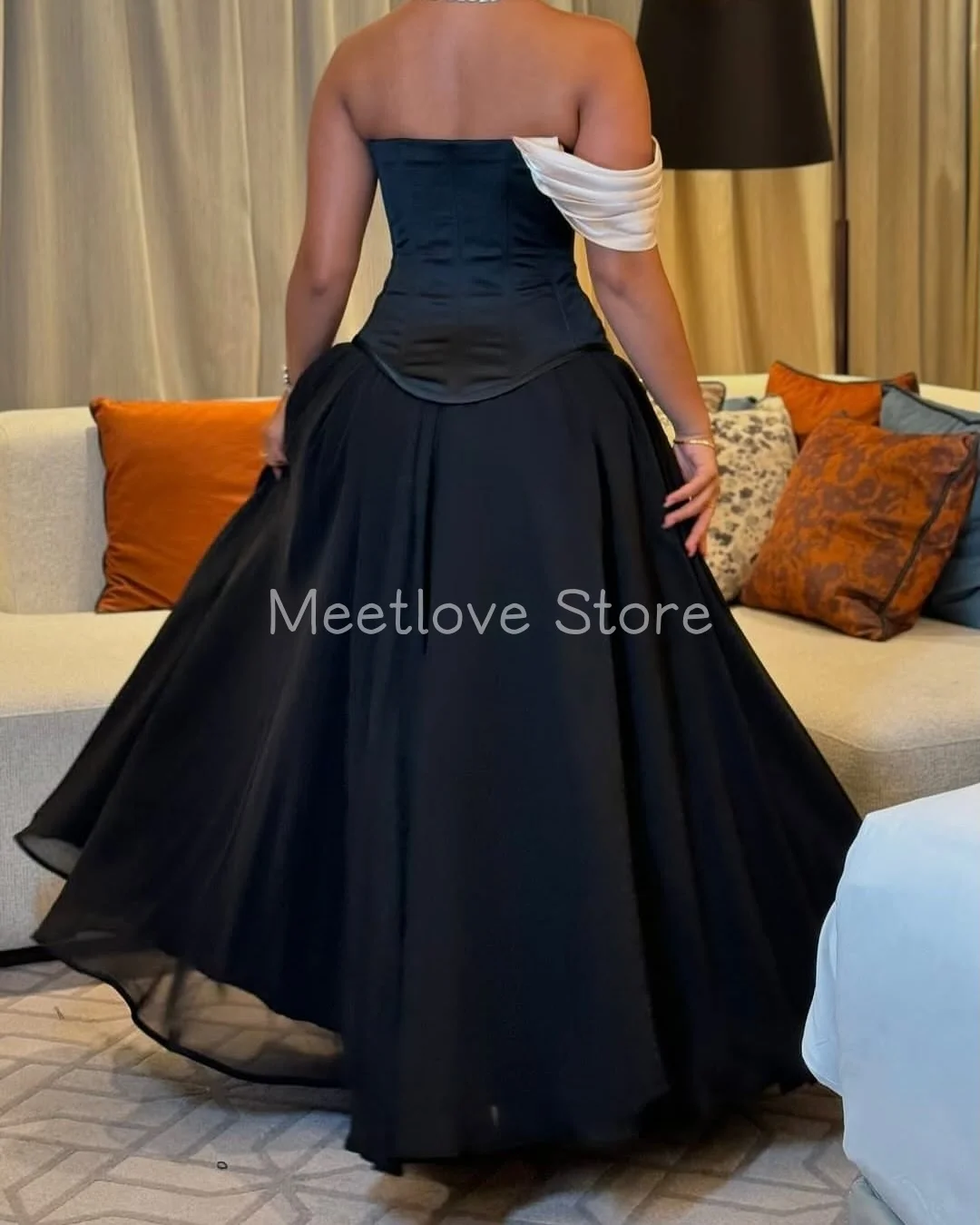 Meetlove, sin tirantes, sencillo, con un solo hombro, línea A, largo hasta el suelo, negro, flores en 3D, vestidos de graduación, vestidos de noche sin mangas personalizados
