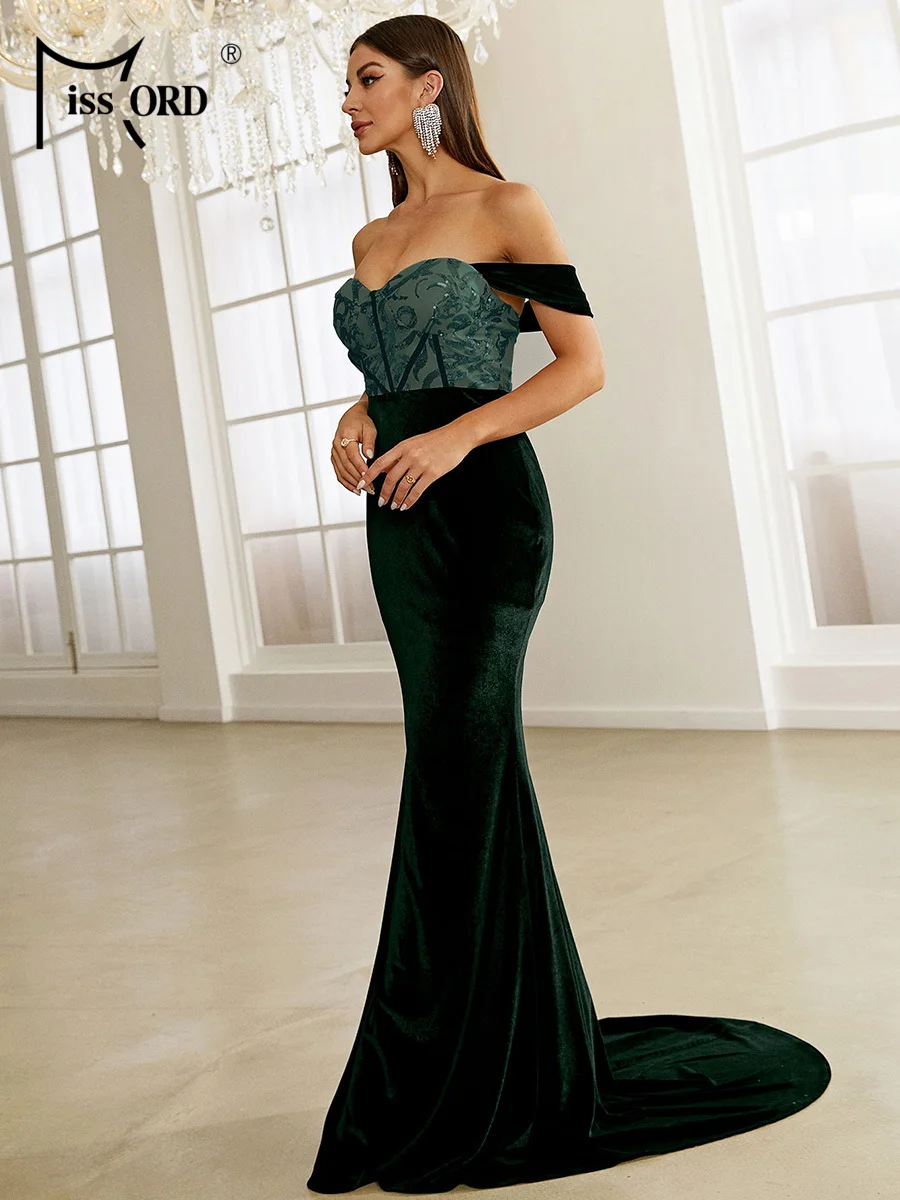 Missord Women Green Velvet Evening Dress Elegant Off Shoulder Sequin Bodycon Maxi Mermaid Cocktail Party Prom Dresses Long Gown