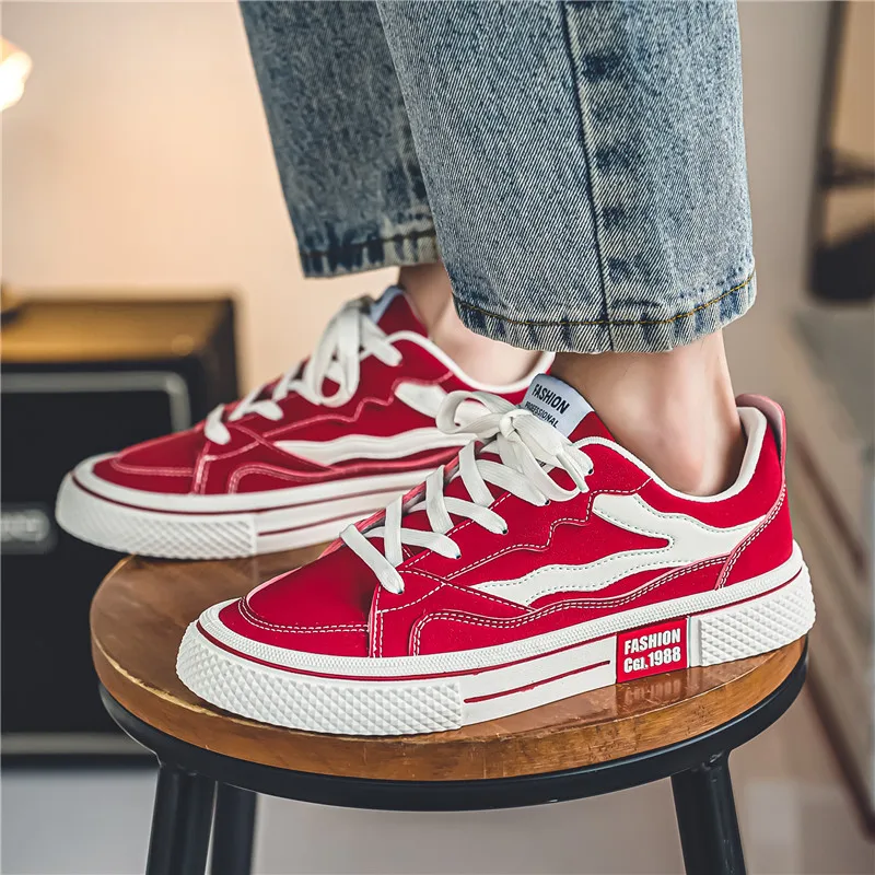 Baskets Classiques en Toile Noire pour Homme, Chaussures Canisées à Lacets, Respirantes, Rouges, pour Skateboard, Espadrilles