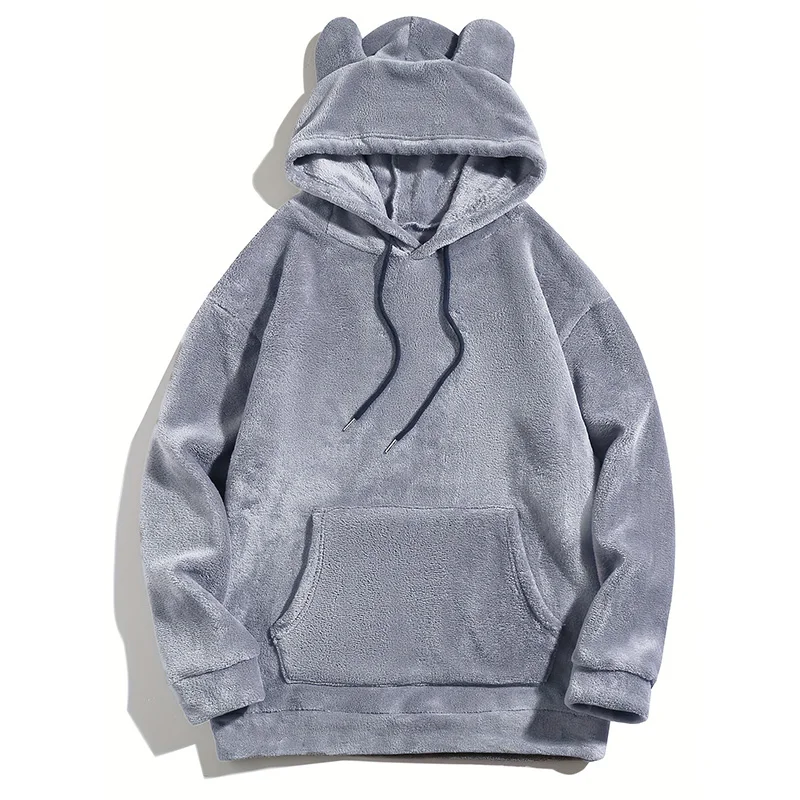 Herren Flauschiger Fleece-Hoodie mit Bärenohren, Kordelzug, Kängurutasche, Locker Geschnitten, Herbst-Winter, Alltagstauglich, Warm, Langarm-Pullover – Detail 16