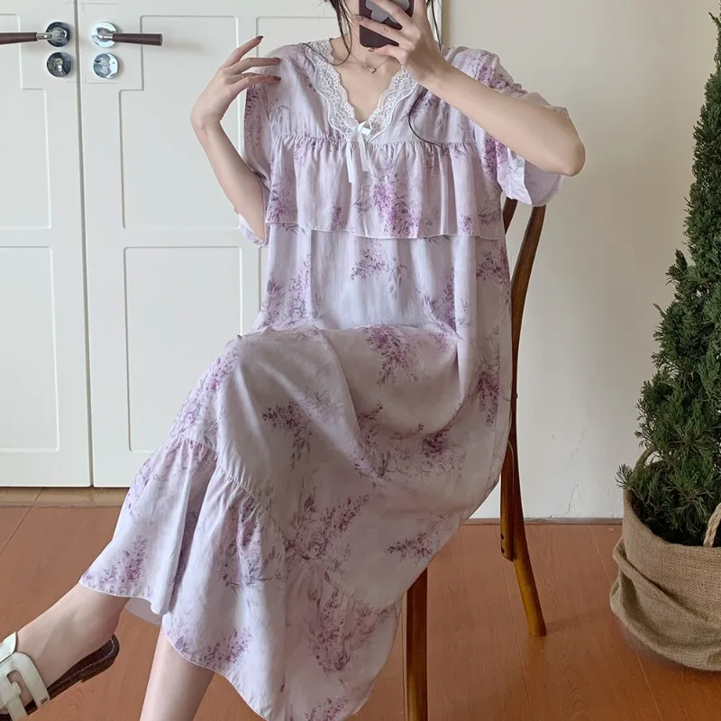 

Short-sleeved Cotton Silk Pajamas, Women's Summer Thin Style, Internet-famous, Loose and Large Size Dress