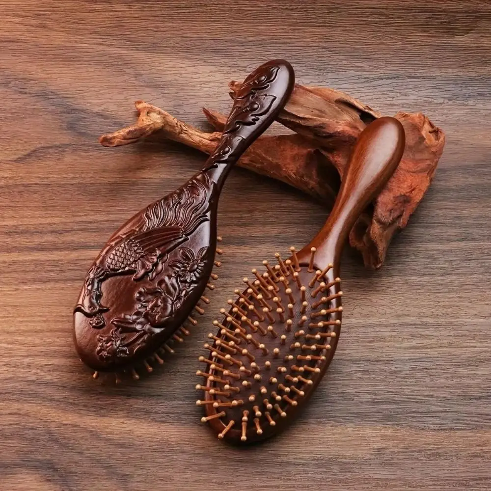 Portable Hand Carved Sandalwood Comb Oval Shape Wooden Air Cushion Comb Fine-Toothed Styling Brush Scalp Massage Brush