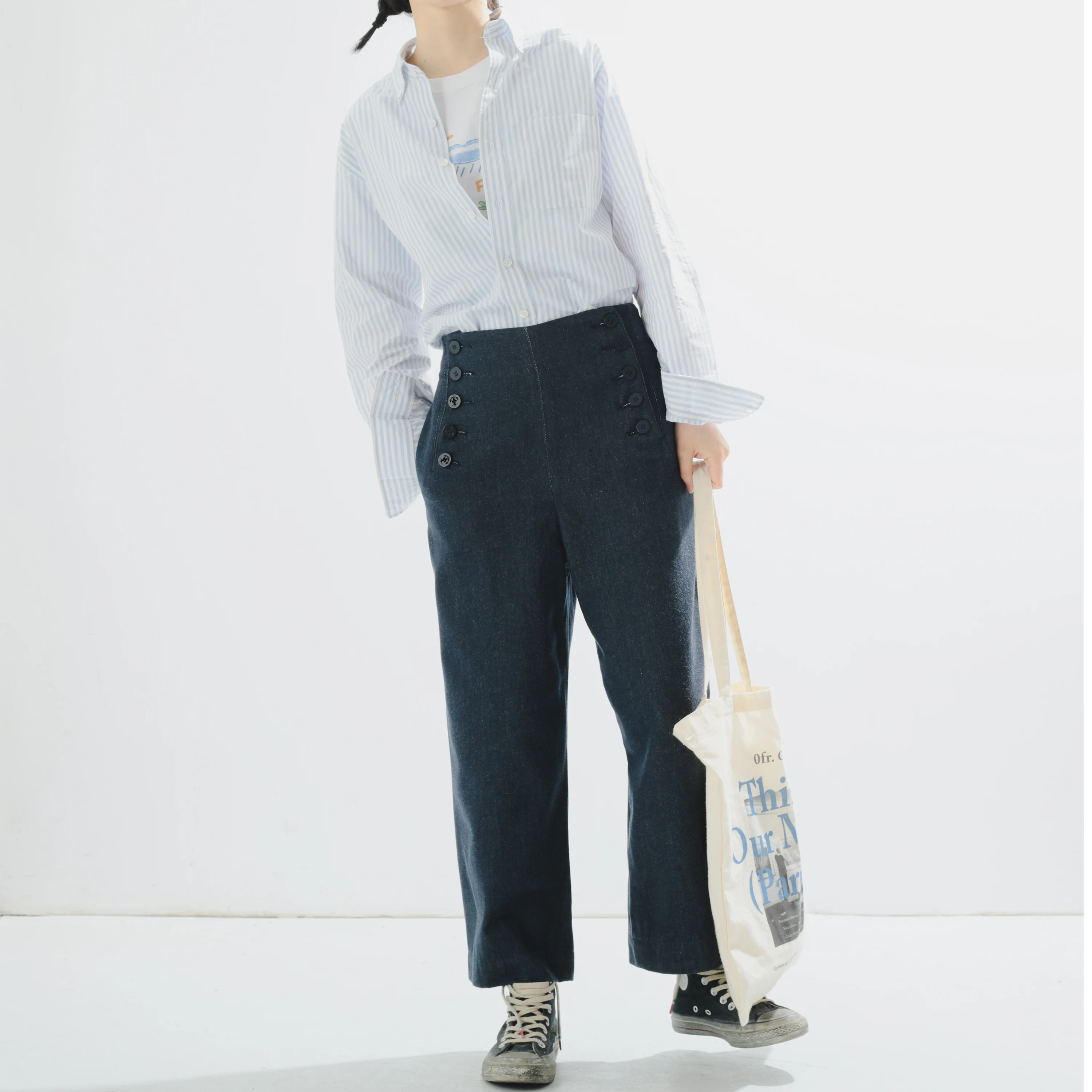 

Retro Sle Cotton Long Sve Striped irt Ele Blue White Casual Fem irt Straight Cut Classic Pattern Spring 2026