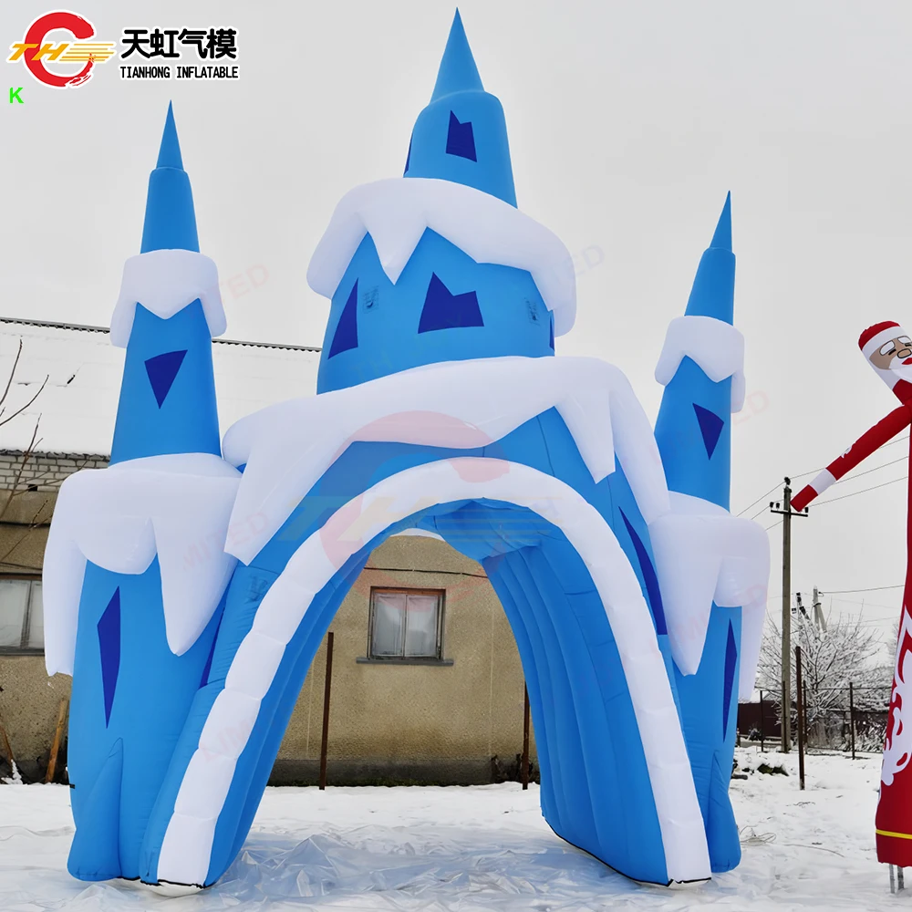 Envío rápido, 5mH, castillo de hielo inflable, arco de túnel, tienda de túnel inflable de copo de nieve de invierno personalizada con soplador