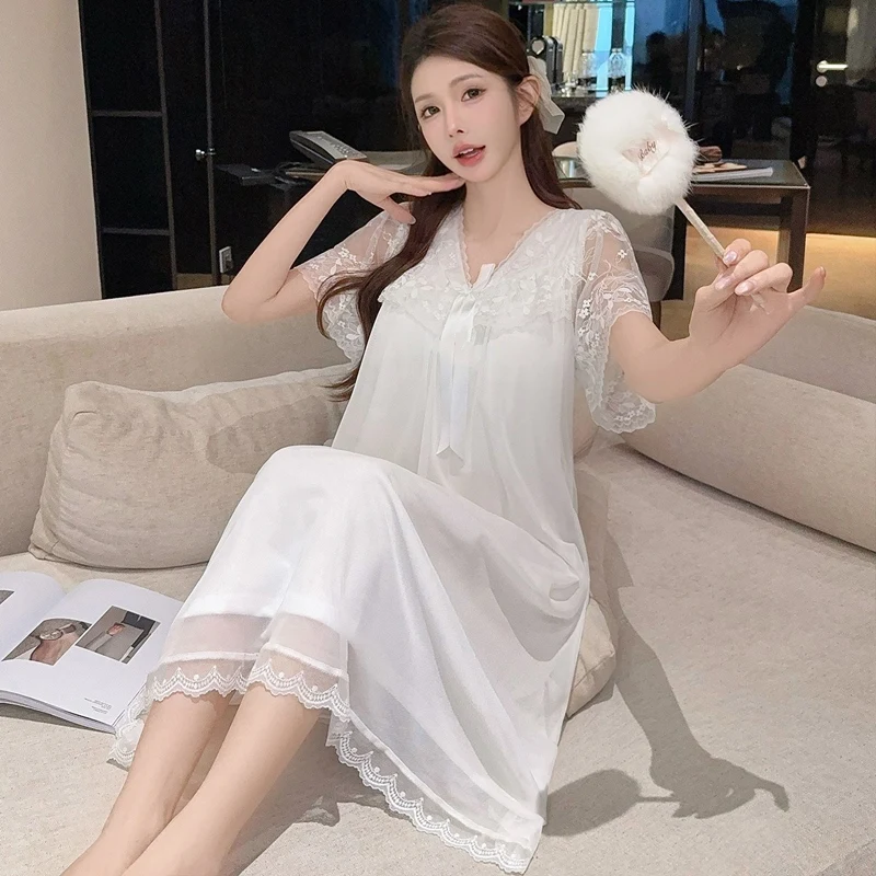 2026 Summer Short Sleeve Cotton Sexy Lace V-neck Lingerie Nightgowns for Women Cute Sleepwear Night Dress Nightdress Home Nighty 5