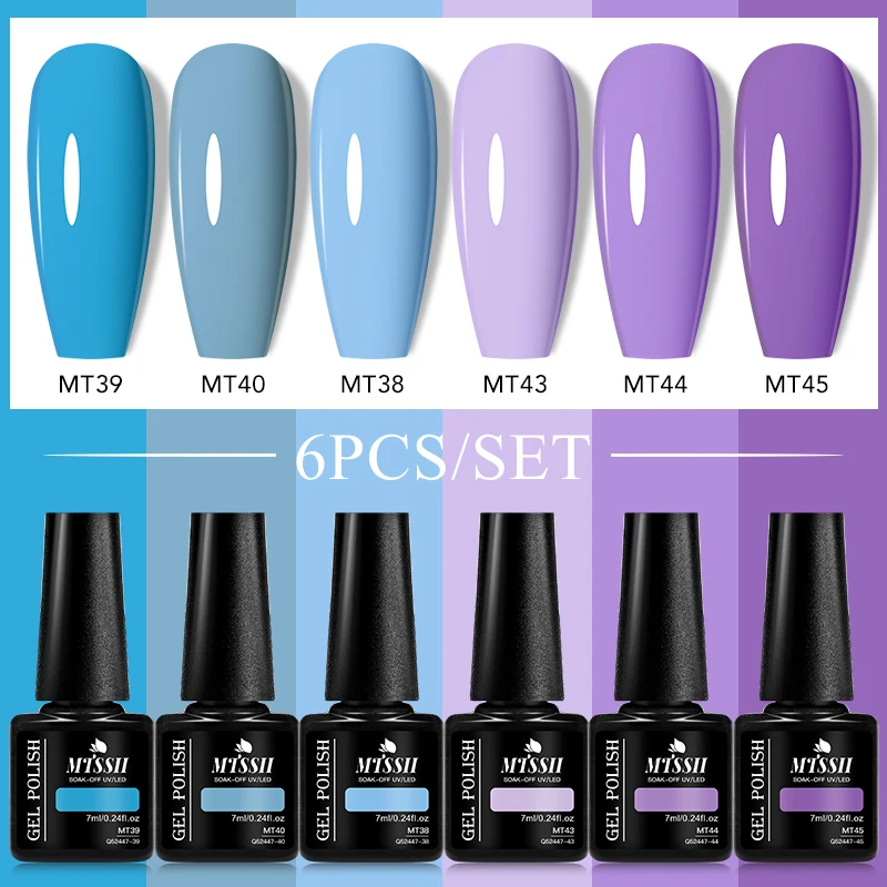 Mtssii 6PCS/SET Zestaw do lakierów do paznokci różowy niebieski fioletowy Półtrwały lakier do paznokci UV Glue Base Top Coat Nail Art Kit