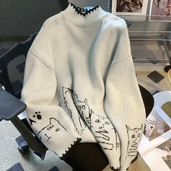 Oversized Vintage Sweaters Jumpers Long Sleeve Cartoon Jacquard Design Casual Loose Pullovers Y2k Harajuku Tops Women's Clothing