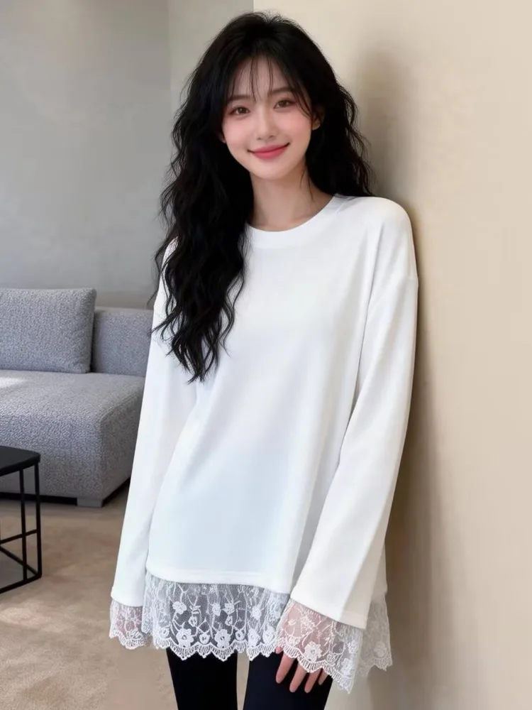 

Korean Style Loose Long Sleeve T-Shirt Women's Spring Autumn New round Neck Lace Splicing Casual Fashion Butt Covering Top