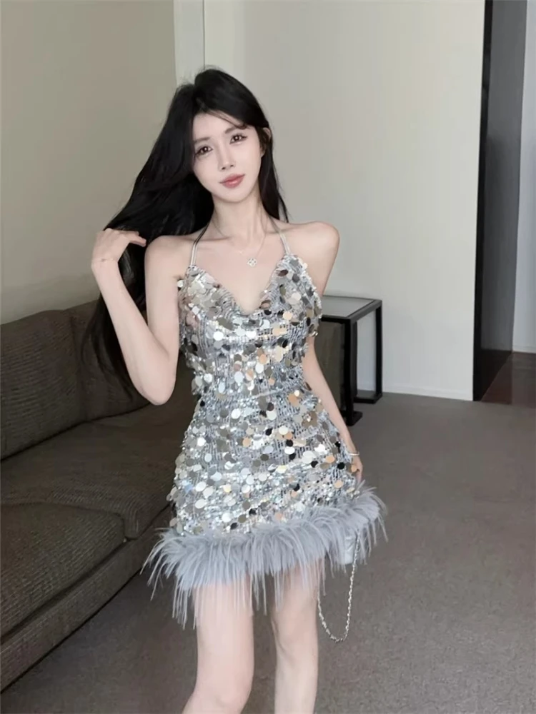 Silver Party Dress Women's Summer French Socialite Sequin Sling Skirt 2026 New Birthday Dinner Feather Stitching Sheath Dresses