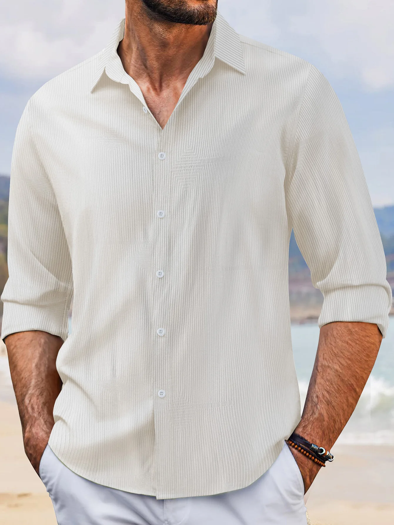 New Men's Casual Shirt, Spring And Autumn Fashion Lapel Striped Diamond Anti-wrinkle High Elastic Material Long sleeve cardigan